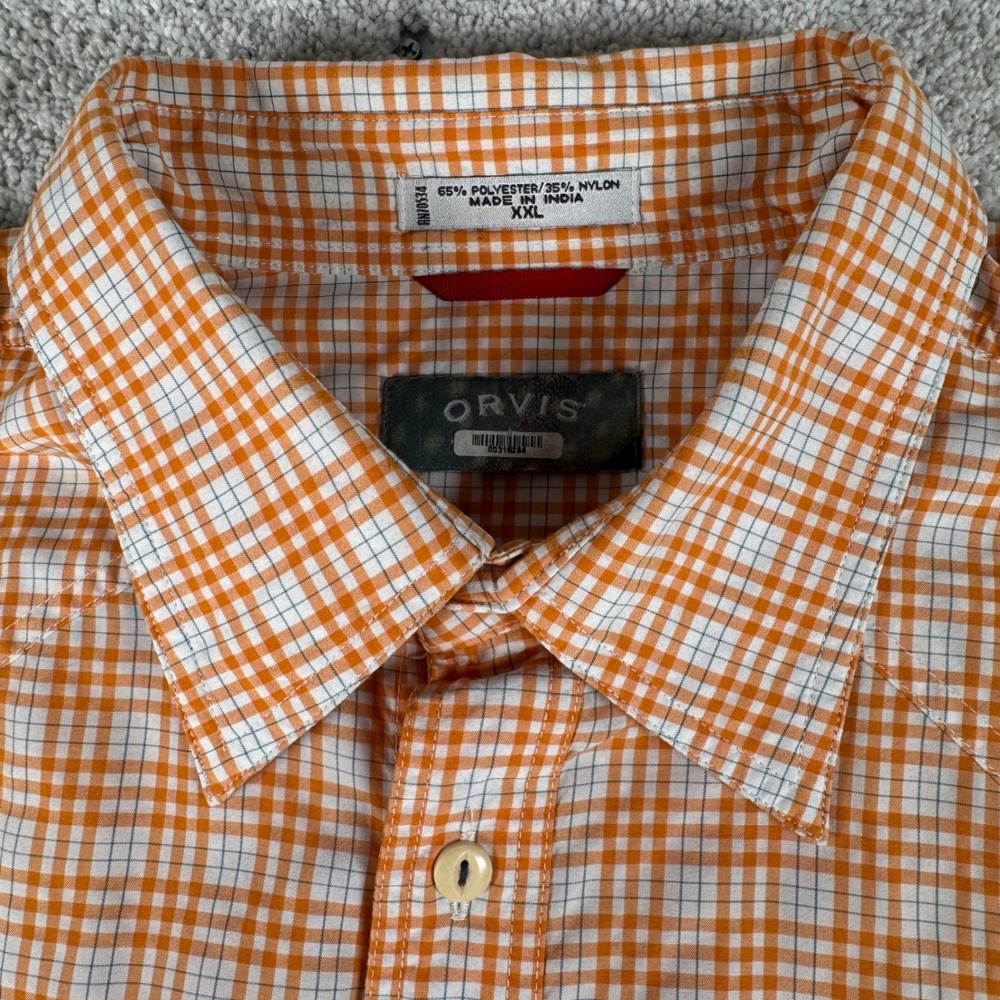 Orvis Button Down Shirt Mens XXL Orange Gingham Plaid Roll Tab Fishing 2XL